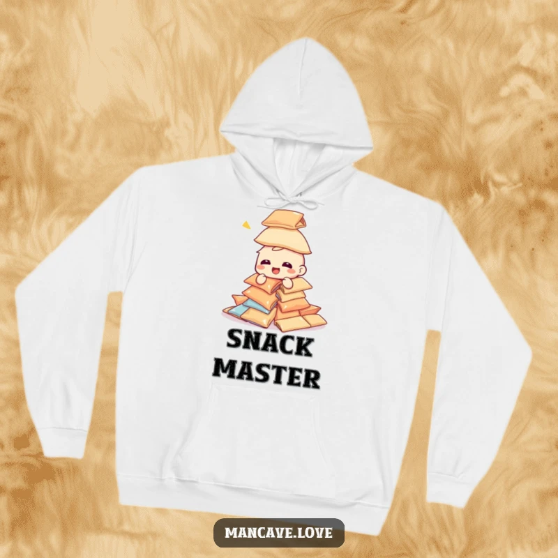 Funny giggling character hoodie, attempting to build a tower of snack bags, cozy and humorous design for snack lovers.