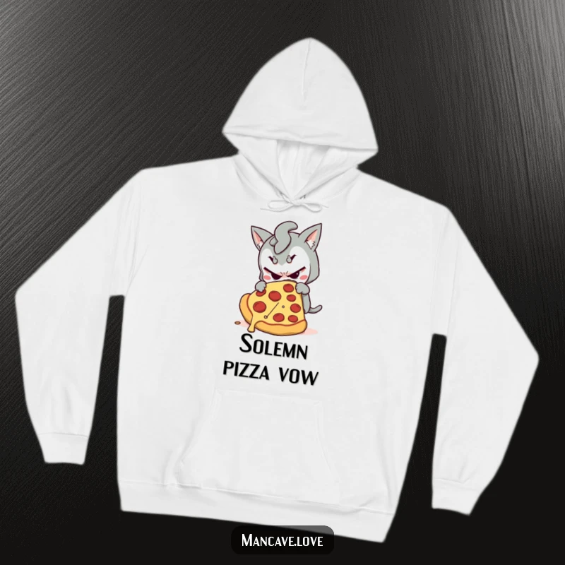 Funny hoodie featuring a mischievous character sneaking a massive slice of pizza, perfect for cozy nights and humorous lounging.