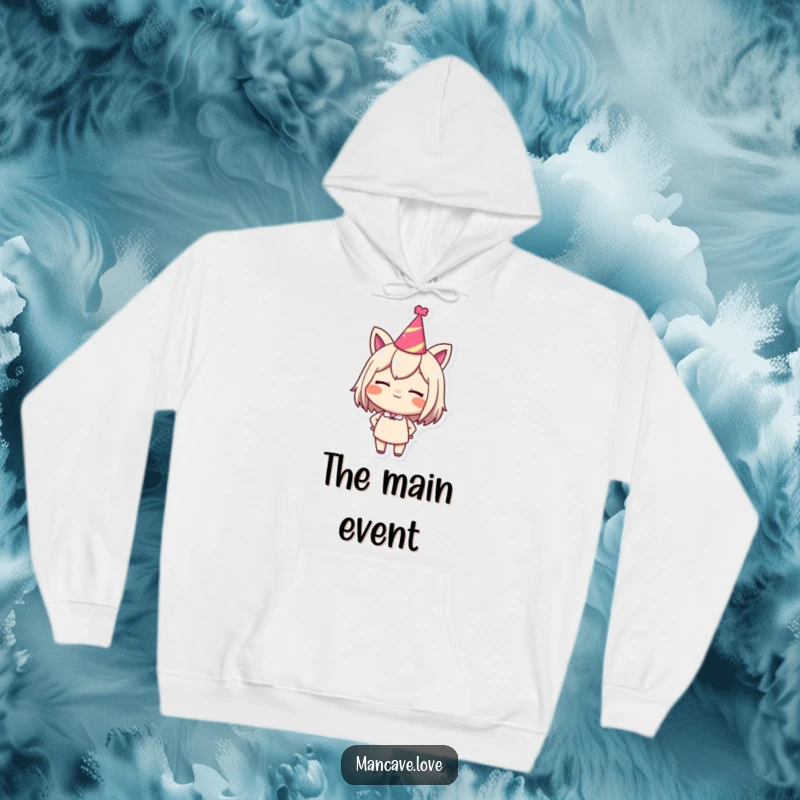 Funny hoodie with a character in a party hat, giving a confident wink, ideal for festive and cozy wear.
