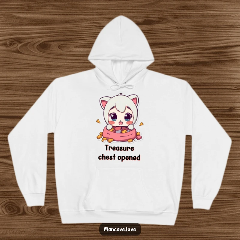 Funny Hoodie shows a character with comically wide, surprised eyes upon discovering hidden snacks, offering warmth and humorous delight.