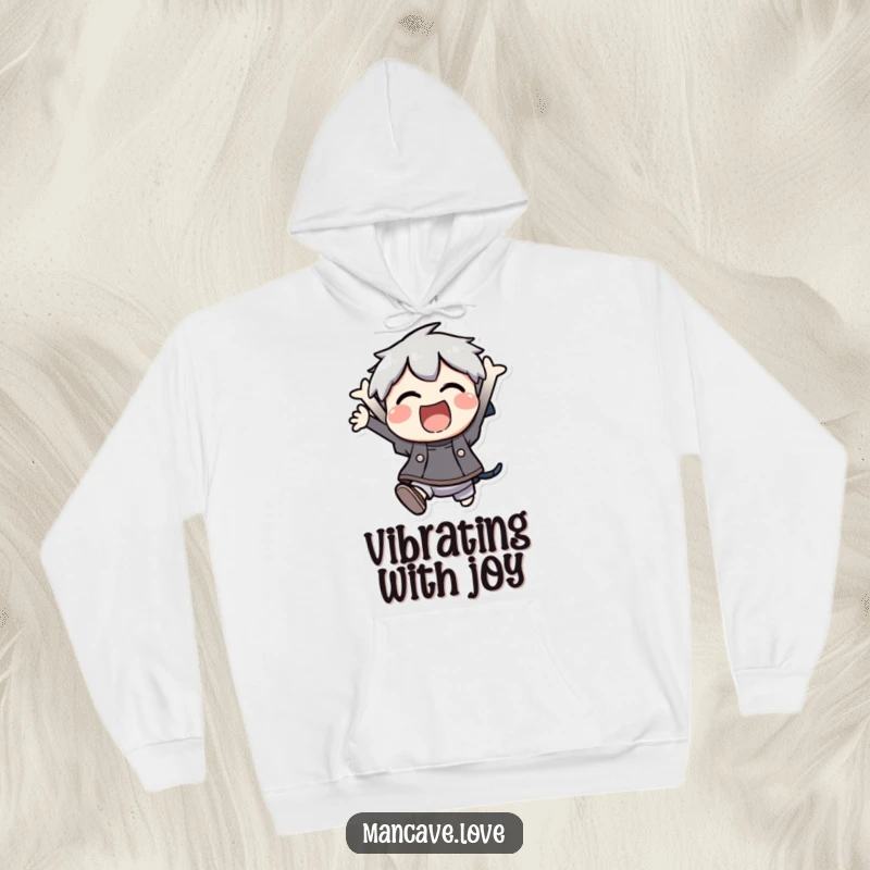 Funny Hoodie: A joyful character leaping enthusiastically, offering warmth and a burst of playful energy, a superb funny gift.