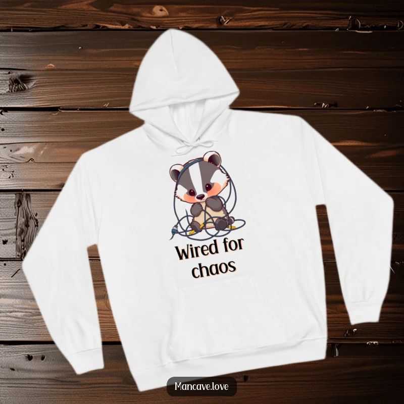 Funny Badger Hoodie: A cute badger looks with funny curiosity at a tangled mess of wires, offering cozy humor.