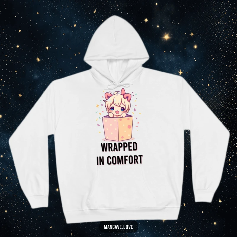 Funny hoodie featuring a character bursting from a gift box with confetti, perfect for staying warm and spreading festive vibes.