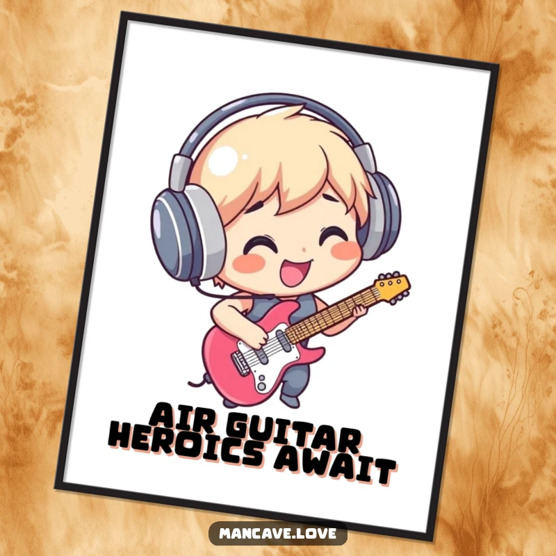 Funny Free Printable Wall Art: Charismatic character shredding an air guitar with epic headphones.