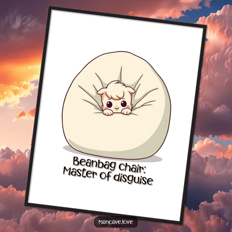 Funny Free Printable Wall Art: A mischievous character with sparkling eyes peeking from behind a giant, plush beanbag chair.