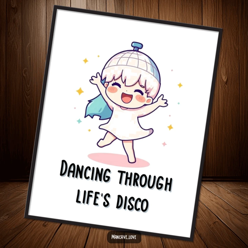 Funny Free Printable Wall Art: A character dances joyfully under a spinning disco ball, creating a lively atmosphere. Downloadable art.