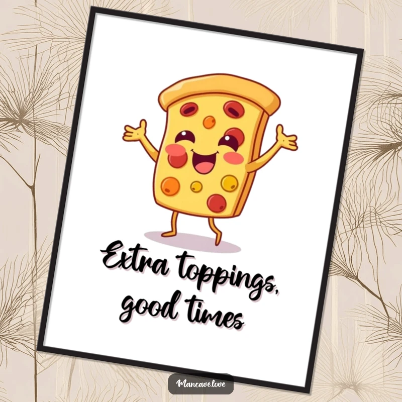 Funny Free Printable Pizza Wall Art depicting a smiling pizza slice character in a joyful dance, perfect for food lovers.