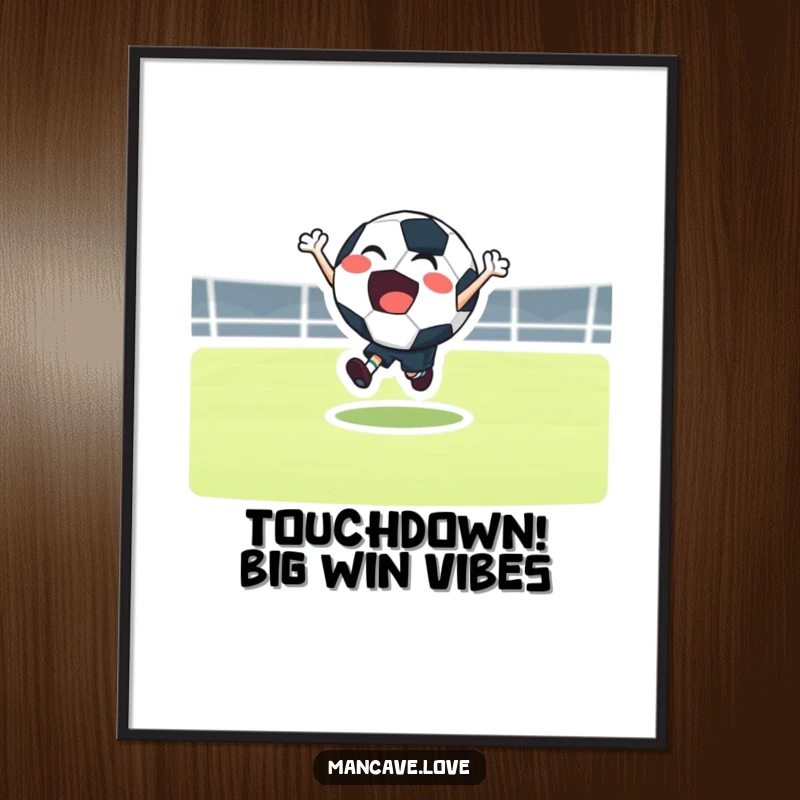 Funny Free Printable Football Wall Art featuring a joyful character energetically bouncing a football, perfect for a sports-themed room.