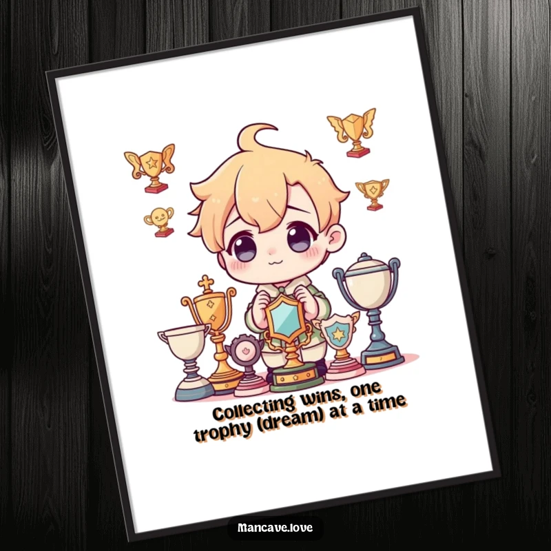 Funny Free Printable Wall Art: A happy character is admiring a shelf packed with gleaming, imagined trophies.