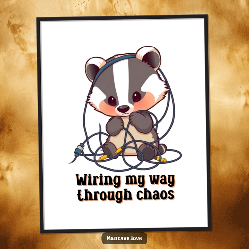 Funny free printable wall art: a cute badger character curiously examines a tangled mess of wires.