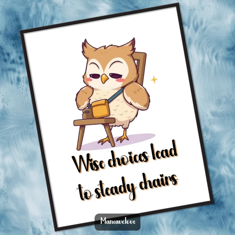 Funny free printable wall art of a cute owl in a tool belt attempting to fix a wobbly chair.