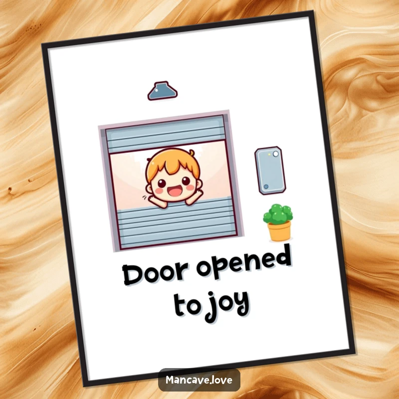 Funny Free Printable Wall Art: A miniature garage door character opening cheerfully, bringing a welcoming and humorous atmosphere to any space.