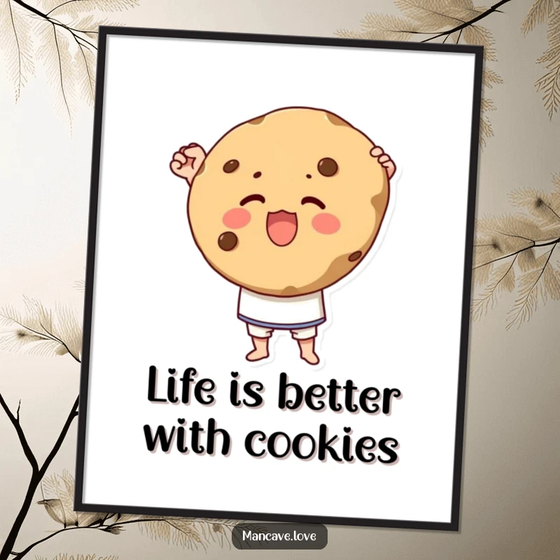 Funny Free Printable Wall Art depicting a character triumphantly holding a giant cookie with pride, celebrating indulgence.