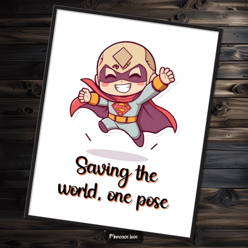 Funny Free Printable Wall Art depicting a character performing a dramatic superhero landing with a confident and happy grin.