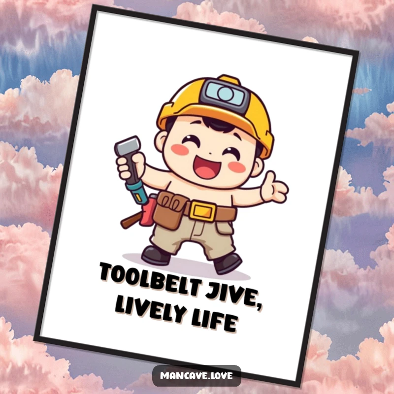 Funny Free Printable Wall Art: A toolbelt character doing a happy jig, bringing energetic and humorous vibes to any space.