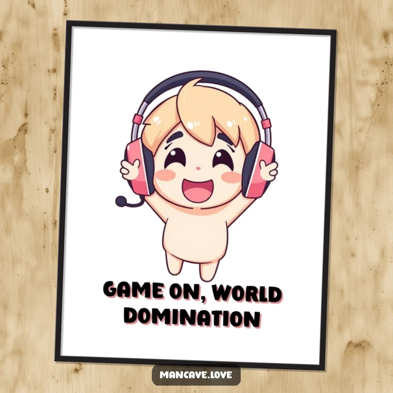 Funny Free Printable Gaming Wall Art featuring a cheerful headset character passionately cheering, perfect for a gamer's ultimate sanctuary.