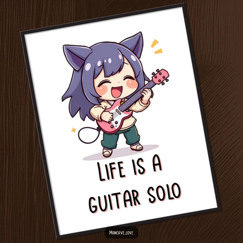 Funny Free Printable Wall Art of a character joyfully playing a tiny air guitar, celebrating the love of music.