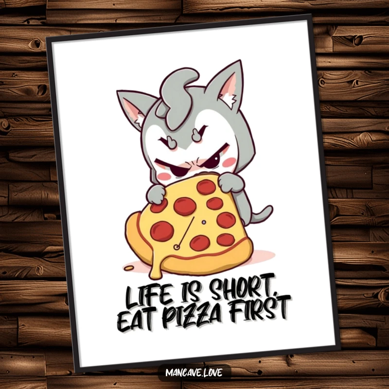 Funny Free Printable Wall Art: A mischievous character sneaks a giant slice of pizza, perfect for adding humor to any room.