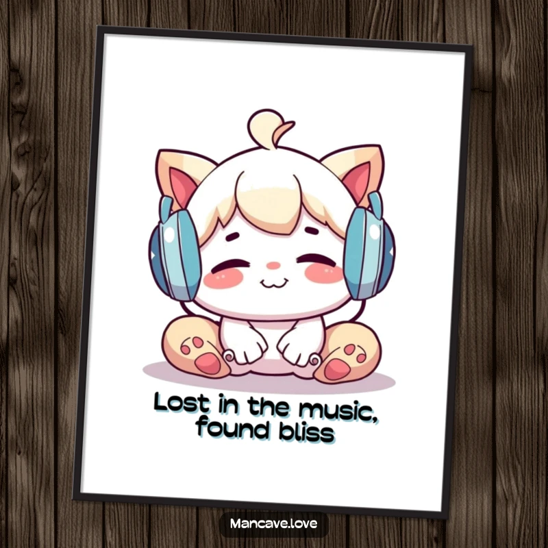 Funny Free Printable Wall Art: A character with huge headphones is grinning, totally relaxed and absorbed in their music.