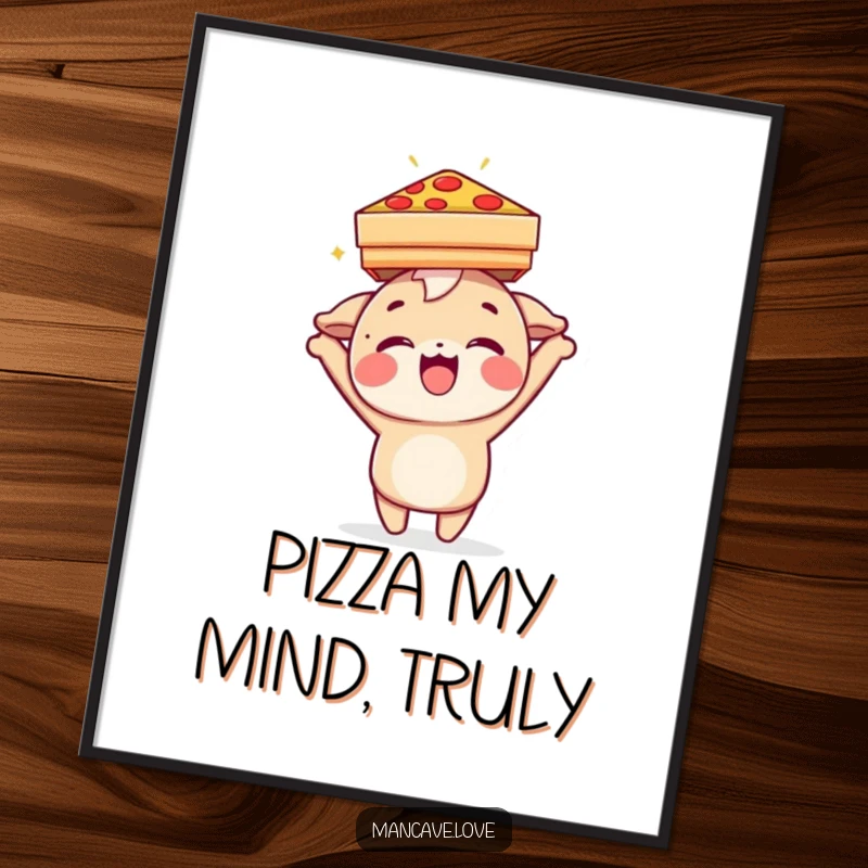 Funny Free Printable Wall Art: Character playfully balancing a pizza box on its head with a big smile.