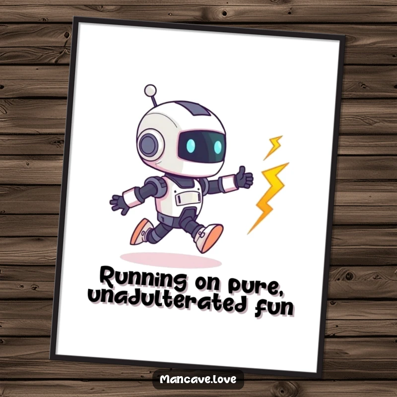 Funny free printable wall art: a tiny robot character playfully chases a runaway bolt.