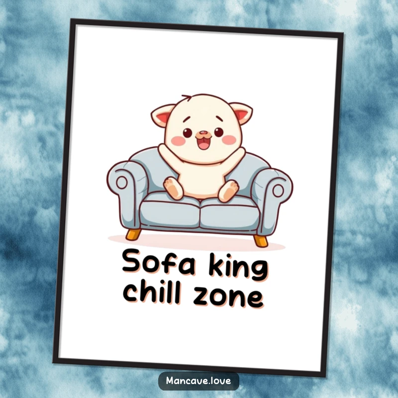 Funny Free Printable Sofa Wall Art showing a contented character inviting you to relax on a plush sofa, perfect for living room decor.