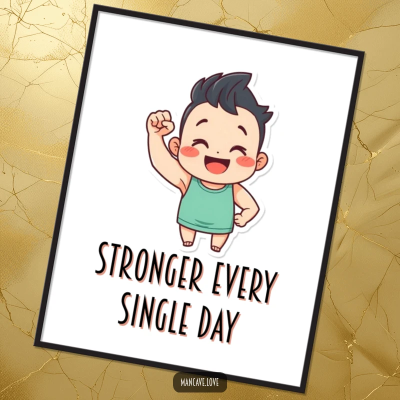 Funny Free Printable Wall Art: A smiling character proudly flexes a tiny bicep, radiating positivity. Downloadable art.