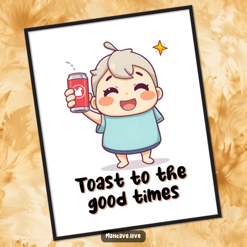 Funny Free Printable Wall Art: Joyful character making a triumphant toast with a soda can.