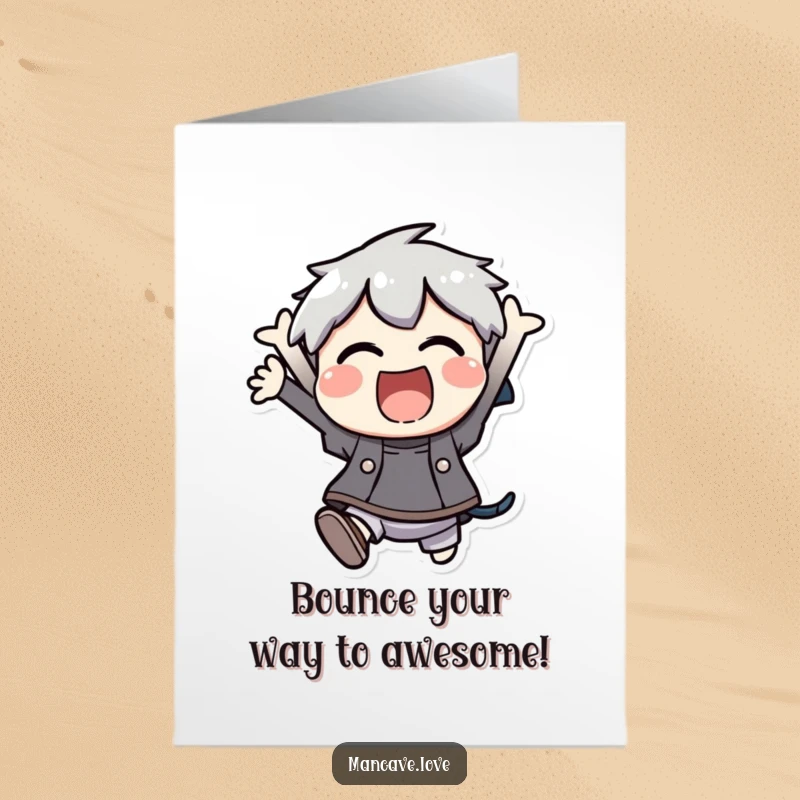 Funny Free Printable Birthday Card: Excited character leaping mid-air with pure, unadulterated glee, ready to party!