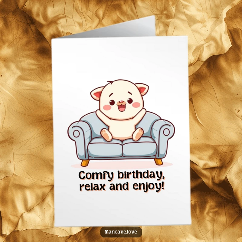 Funny Free Printable Sofa Birthday Card with a contented character lounging invitingly, suggesting a day of relaxation and cake.