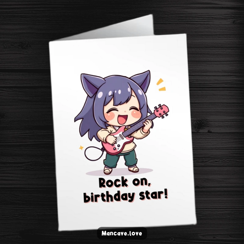 Funny Free Printable Birthday Card featuring a character energetically playing a tiny air guitar, celebrating with pure joy.
