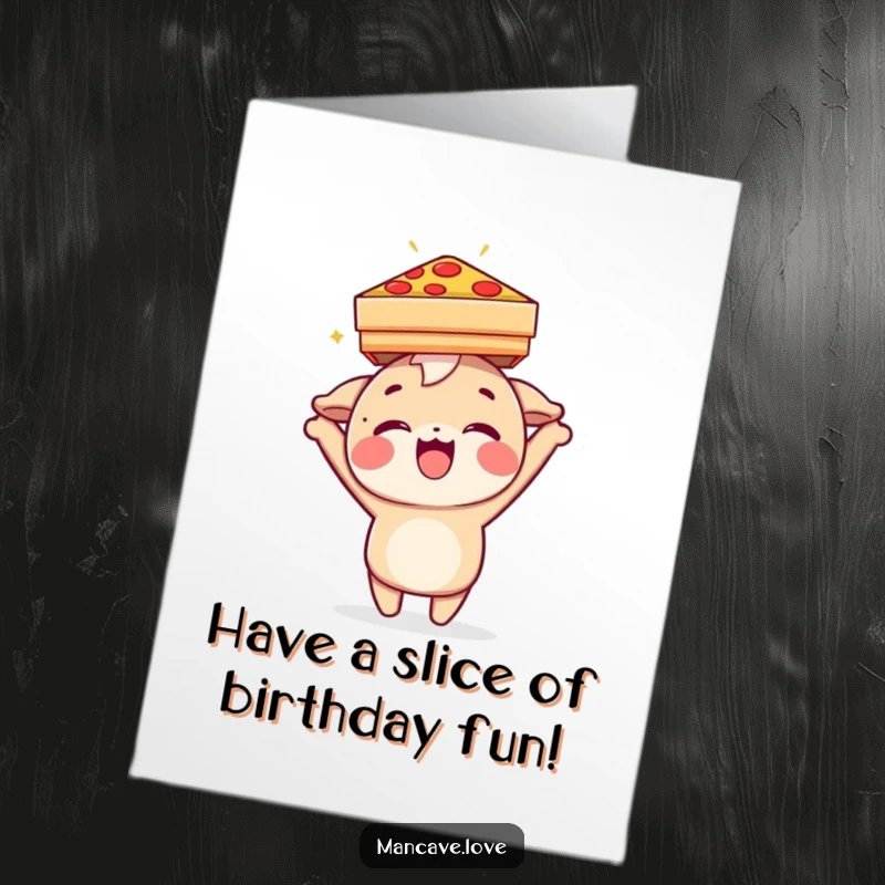 Funny Free Printable Birthday Card: Delighted character balancing a pizza box on its head with a grin.