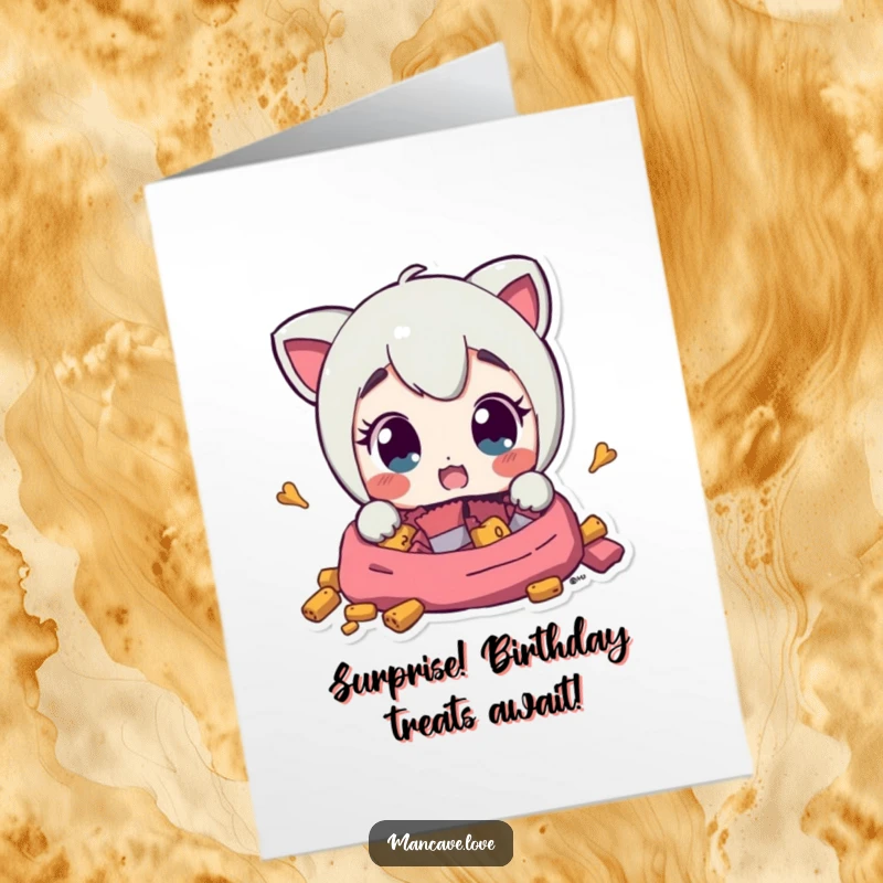 Funny Free Printable Birthday Card: Character's eyes widen in shock at a hidden stash of snacks, a birthday surprise.