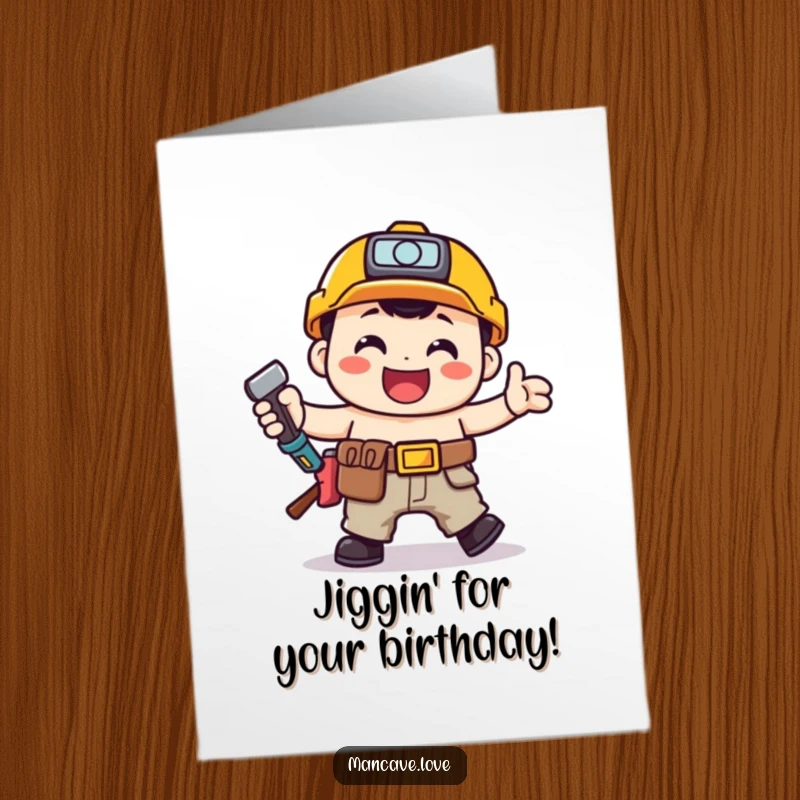 Funny Free Printable Birthday Card: A toolbelt character happily doing a jig, celebrating birthdays with energetic and humorous dance moves.