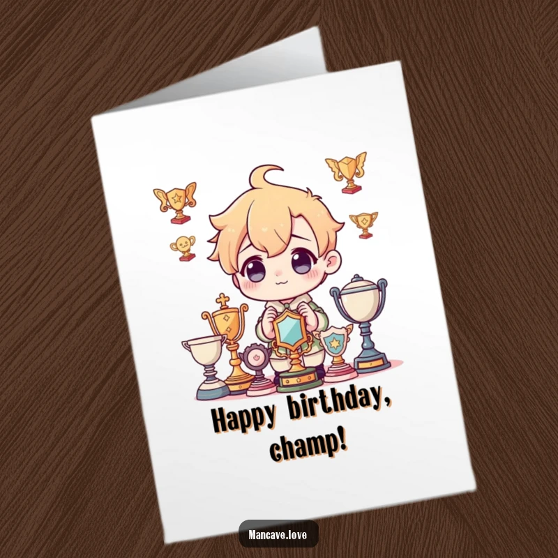 Funny Free Printable Birthday Card: A charming character proudly admires a shelf full of imagined, glittering trophies.