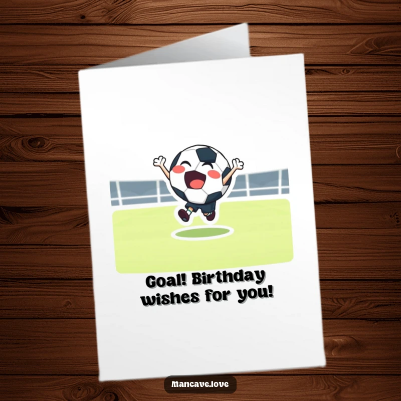 Funny Free Printable Football Birthday Card with a joyful character bouncing an actual football, radiating pure sports excitement.
