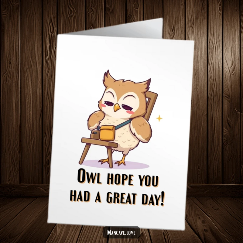 Funny free printable birthday card of a cute owl in a tool belt struggling with a wobbly chair.