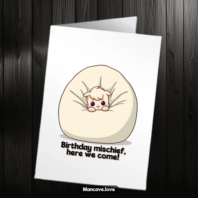 Funny Free Printable Birthday Card: A mischievous character with a sly grin peeking out from behind a huge, comfy beanbag chair.