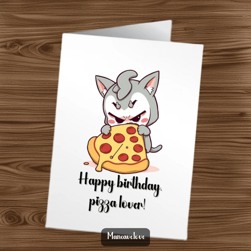 Funny Free Printable Birthday Card: A mischievous character sneaks a huge slice of pizza, celebrating with delicious fun.