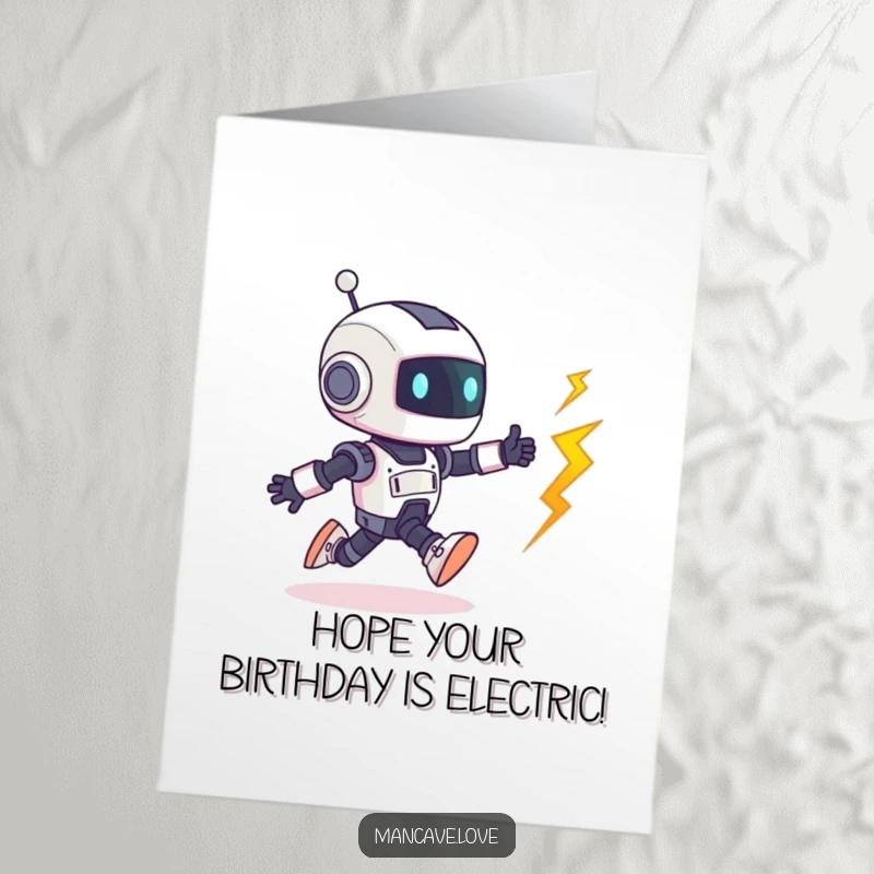 Funny free printable birthday card: a tiny robot excitedly chases a runaway bolt across a surface.