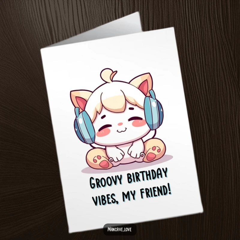 Funny Free Printable Birthday Card: A whimsical character with oversized headphones on, grinning blissfully while listening to music.