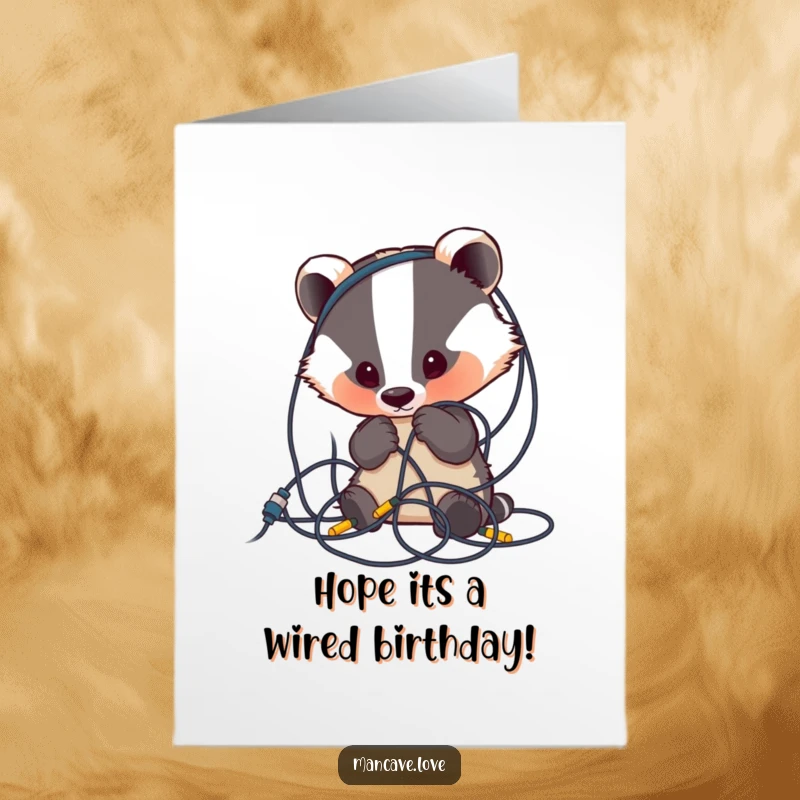 Funny free printable birthday card: a cute badger looks bewildered at a giant tangle of wires.