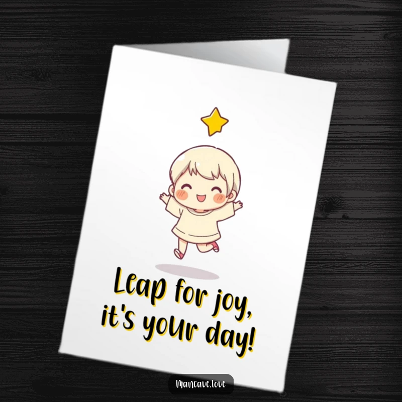 Funny Free Printable birthday card featuring a character doing a spontaneous happy skip with a star, radiating pure joy and excitement.