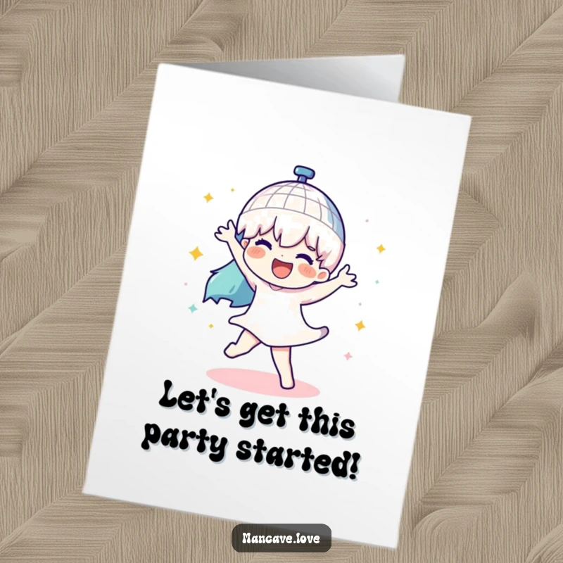 Funny Free Printable Birthday Card: A character dances wildly under a spinning disco ball, celebrating a birthday. Downloadable and fun.