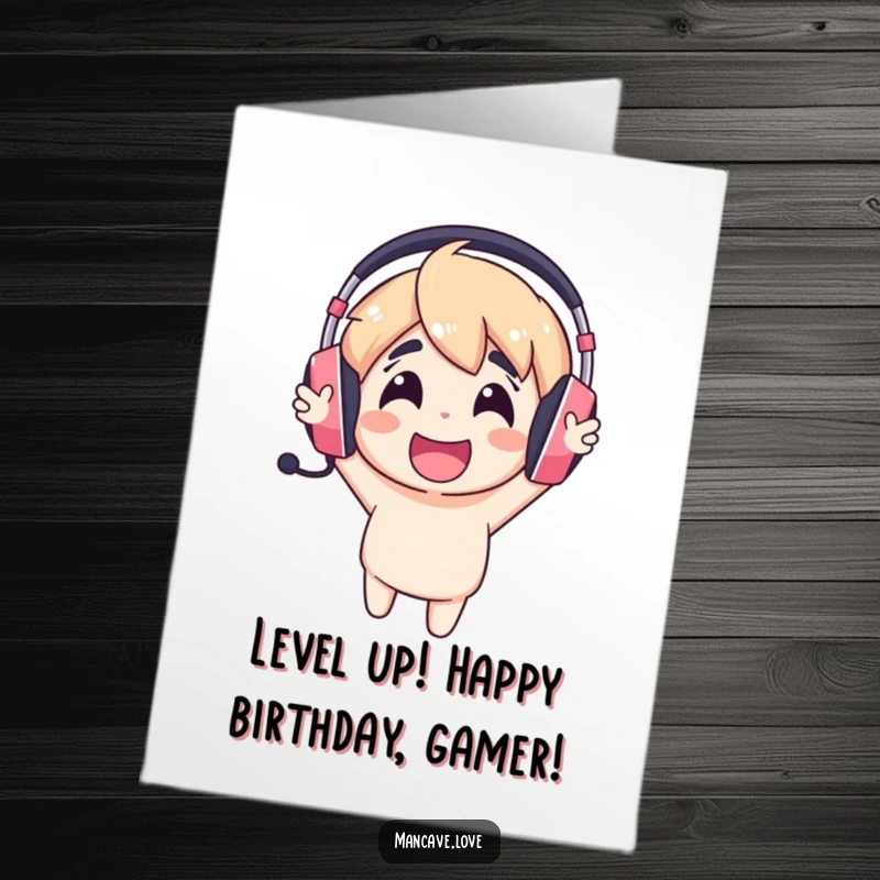Funny Free Printable Gaming Birthday Card featuring a cheerful headset character cheering loudly, celebrating a gamer's special day.