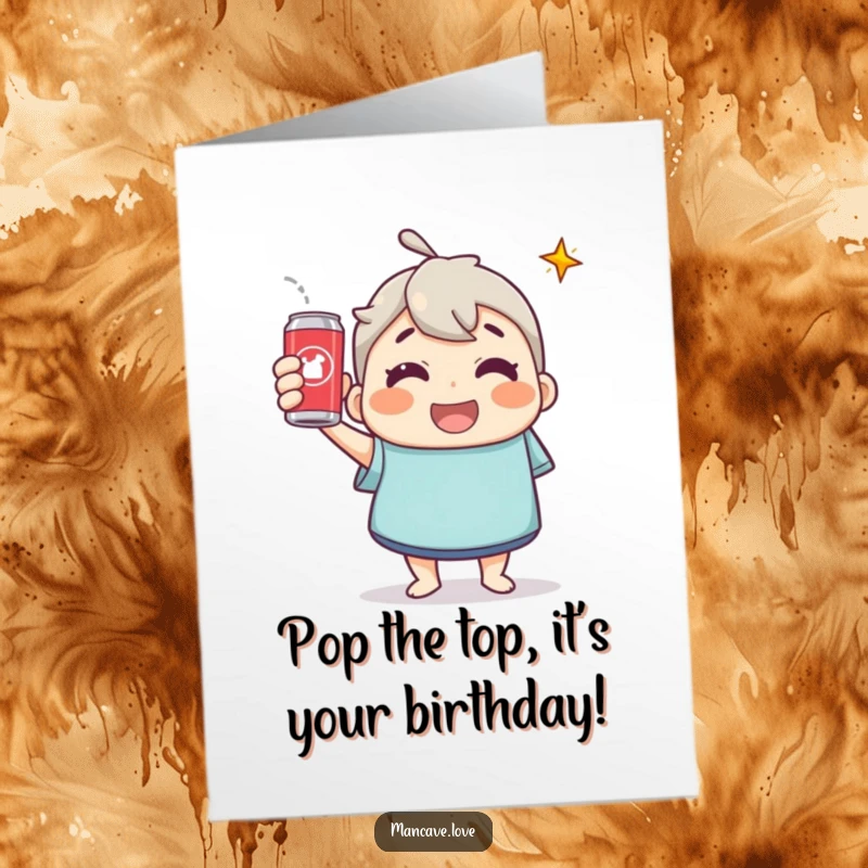 Funny Free Printable Birthday Card: Cheerful character toasting with a soda can, full of joy.