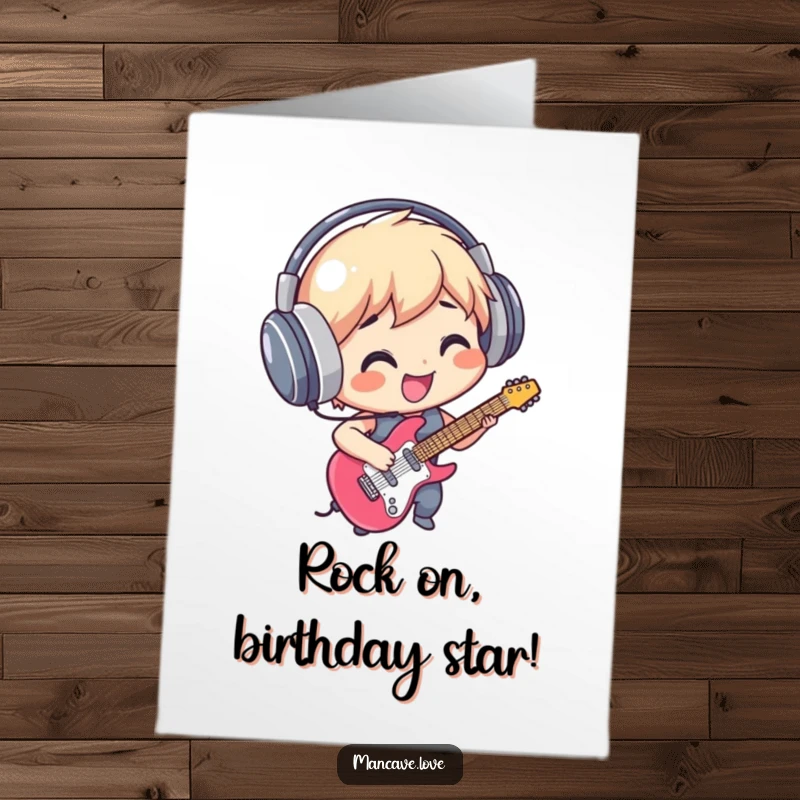 Funny Free Printable Birthday Card: Smiling character rocking out with air guitar and huge headphones.
