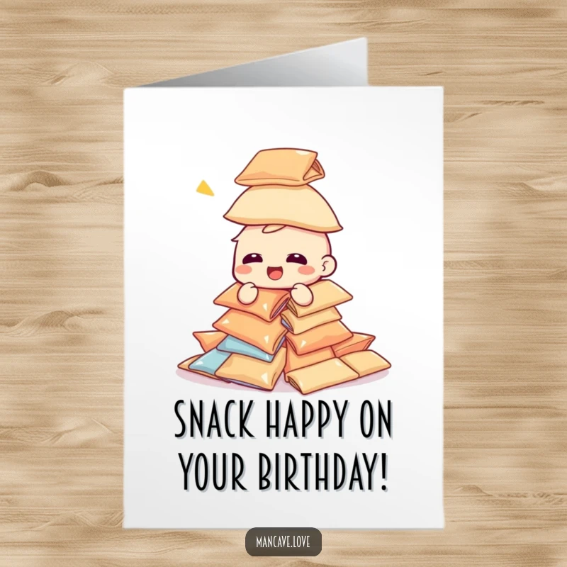 Funny Free Printable Birthday Card: A giggling character precariously stacking multiple colorful snack bags into a tall tower.