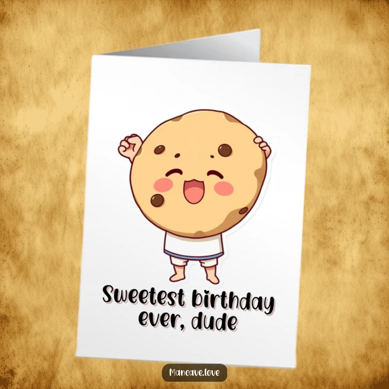 Funny Free Printable Birthday Card featuring a character triumphantly holding a giant cookie with immense pride, celebrating joy.