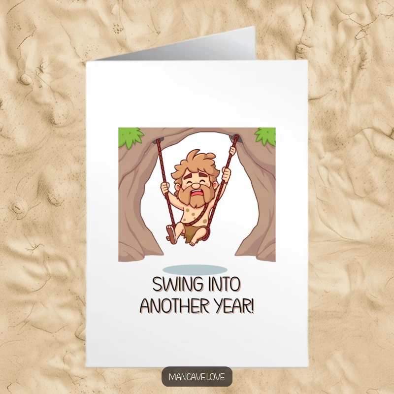 Funny free printable caveman card, a prehistoric character swinging a club playfully for a birthday greeting.